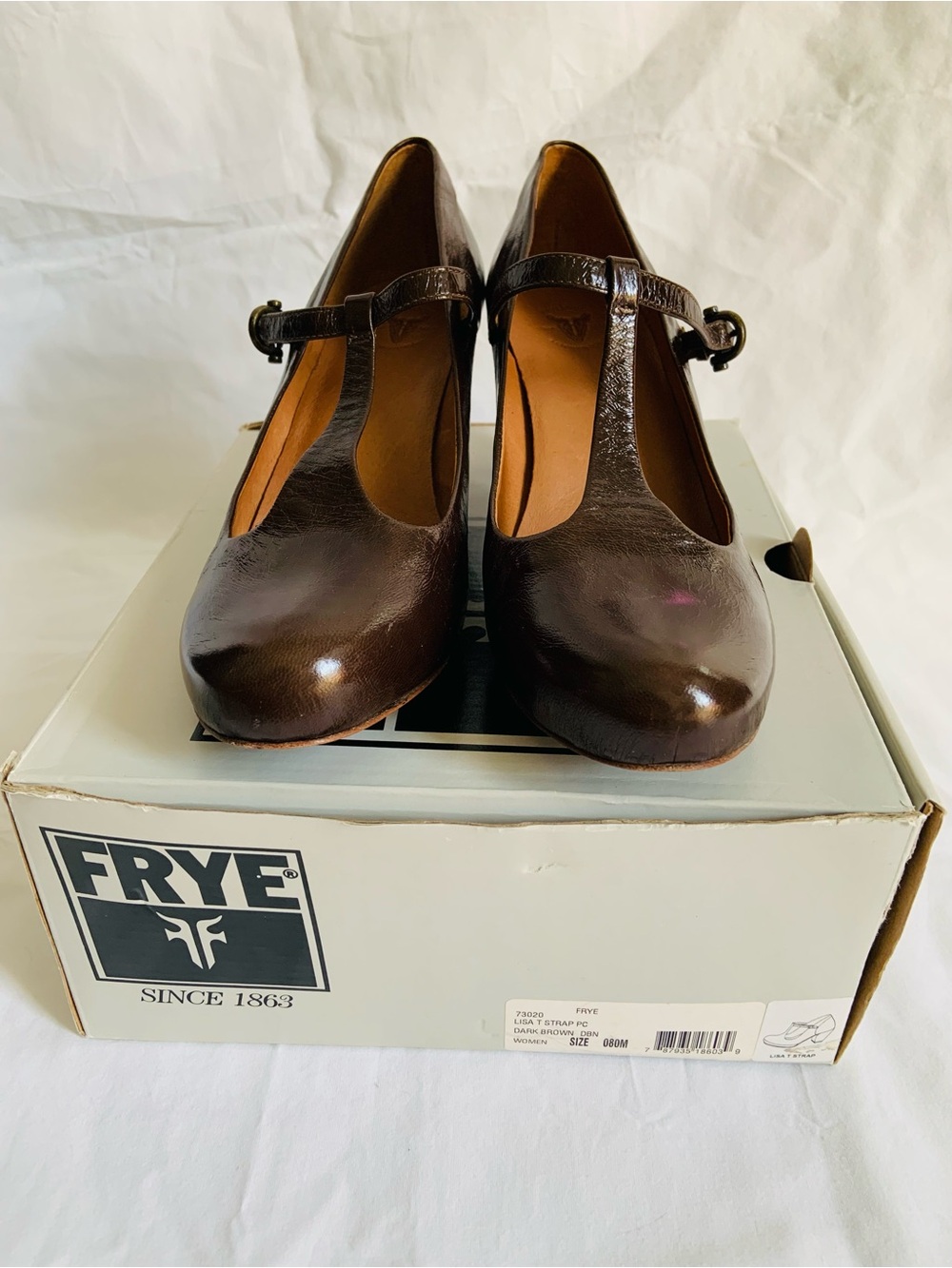 Frye Lisa T Strap Mary Jane Heels Dark Brown Size 8M Worn Once.